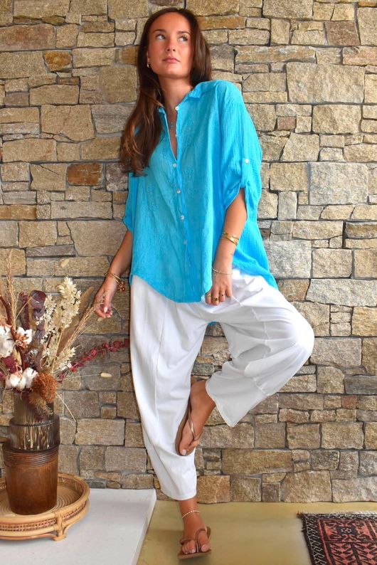 Pia Pillow Cotton Embroidered Tile Classic Shirt Azure